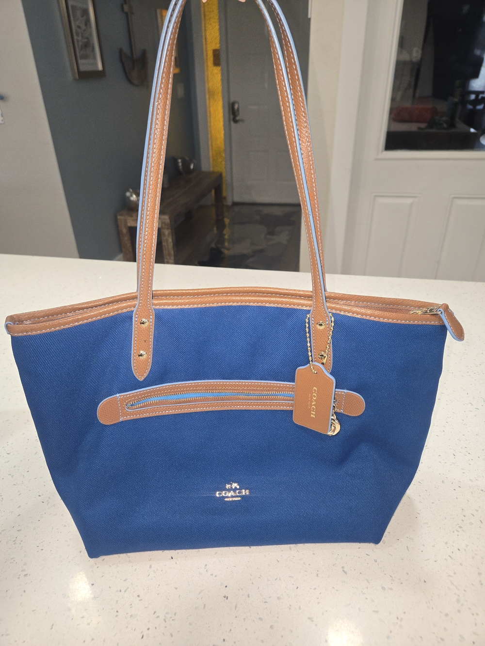 Coach Blue Canvas Tote with Tan Leather Trim